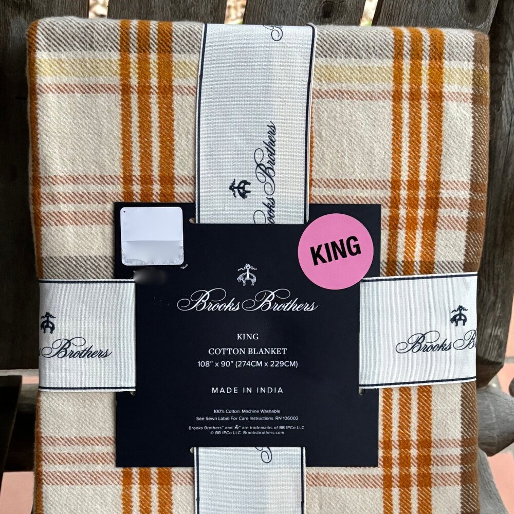 Brooks Brothers Cotton King Size Blanket Holiday Autumn Plaid 90" x 90"